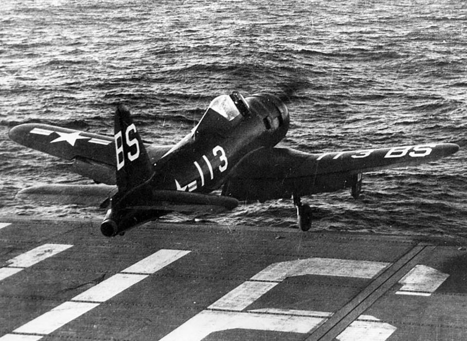 1947 A US Navy Ryan FR 1 Fireball launches from an aircraft carrier in the Badeong Strait