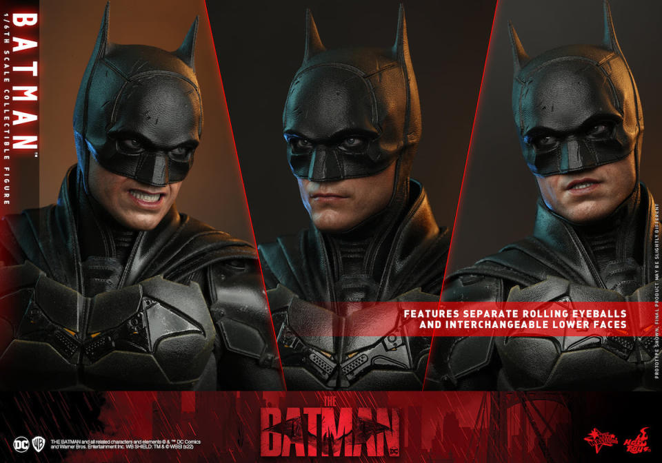 Three different versions of The Batman's face from Hot Toys figure