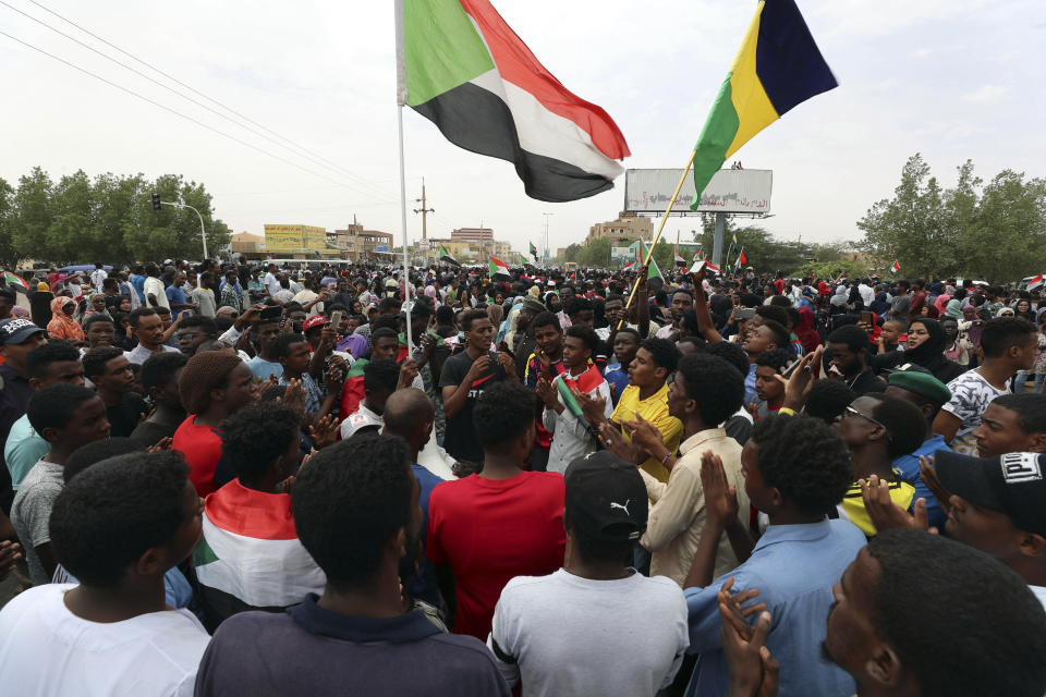 Sudanese protesters march during a demonstration in the capital Khartoum, Sudan, Thursday, Aug. 1, 2019. Sudanese pro-democracy activists have posted videos on social media showing thousands of people taking to the streets in the capital, Khartoum. The Sudanese Professionals Association said Thursday that the rallies are demanding justice for the killing of at least six people, including four students, earlier this week during student protests in a central province. (AP Photo)