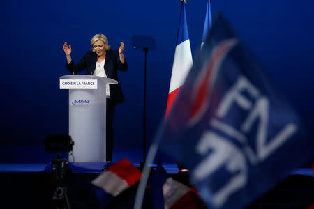 Marine Le Pen, French National Front (FN) candidate for 2017 presidential election, attends a campaign rally in Villepinte, near Paris, France, May 1, 2017. REUTERS/Pascal Rossignol