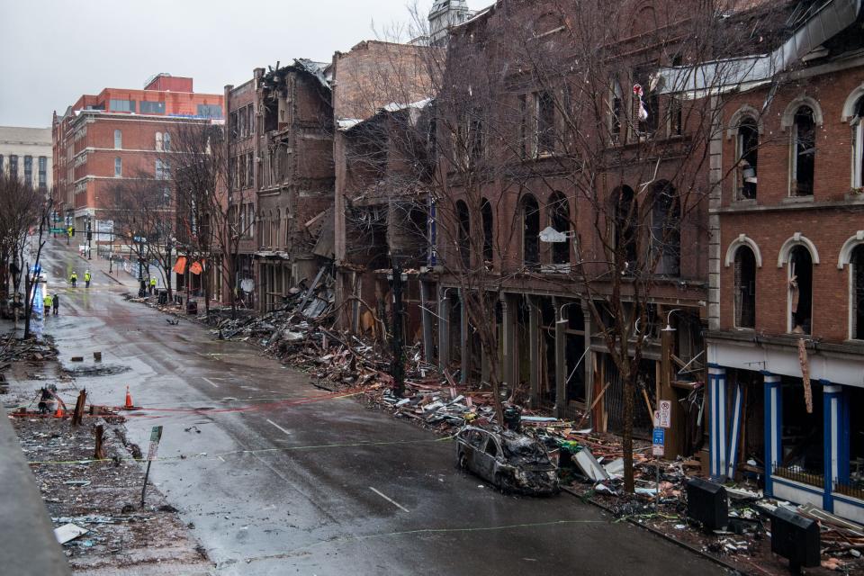 Damage is seen along 2nd Ave. N. in downtown Nashville, Tenn., Thursday, Dec. 31, 2020. 63-year-old Anthony Quinn Warner was killed when he detonated an explosive in his RV outside an AT&T building on Christmas morning. 