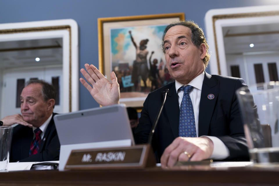 Rep. Jamie Raskin, D-Md., joined at left by Rep. Ed Perlmutter, D-Colo., poses questions as the House Rules Committee prepares the Presidential Tax Filing and Audit Transparency Act of 2022 for a floor vote, at the Capitol in Washington, Wednesday, Dec. 21, 2022. The action is considered an emergency measure and comes in the wake of the yearslong effort to obtain President Donald Trump's tax returns. (AP Photo/J. Scott Applewhite)