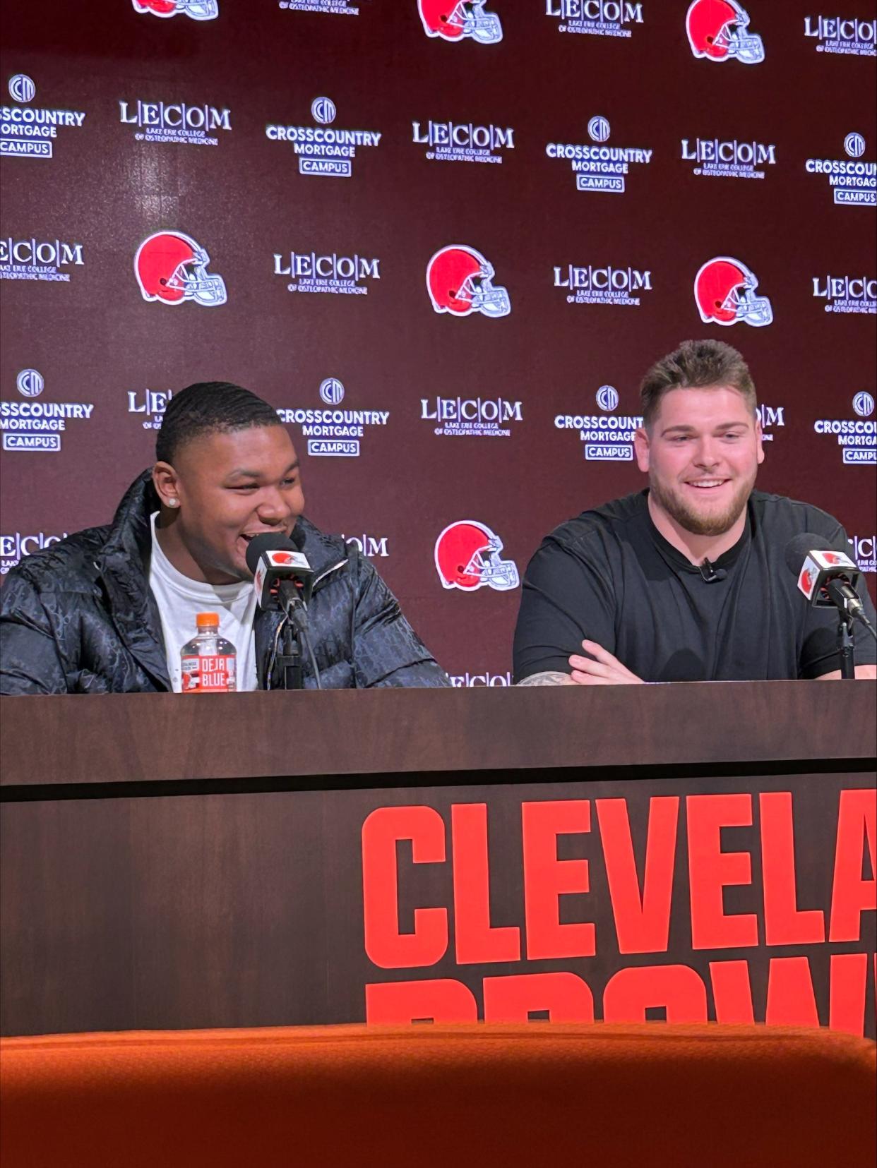 Cleveland Browns draft picks Michael Hall Jr. of Ohio State and Zak Zinter of Michigan speak at their introductory press conference on Saturday, April 27, 2024 in Berea, Ohio.