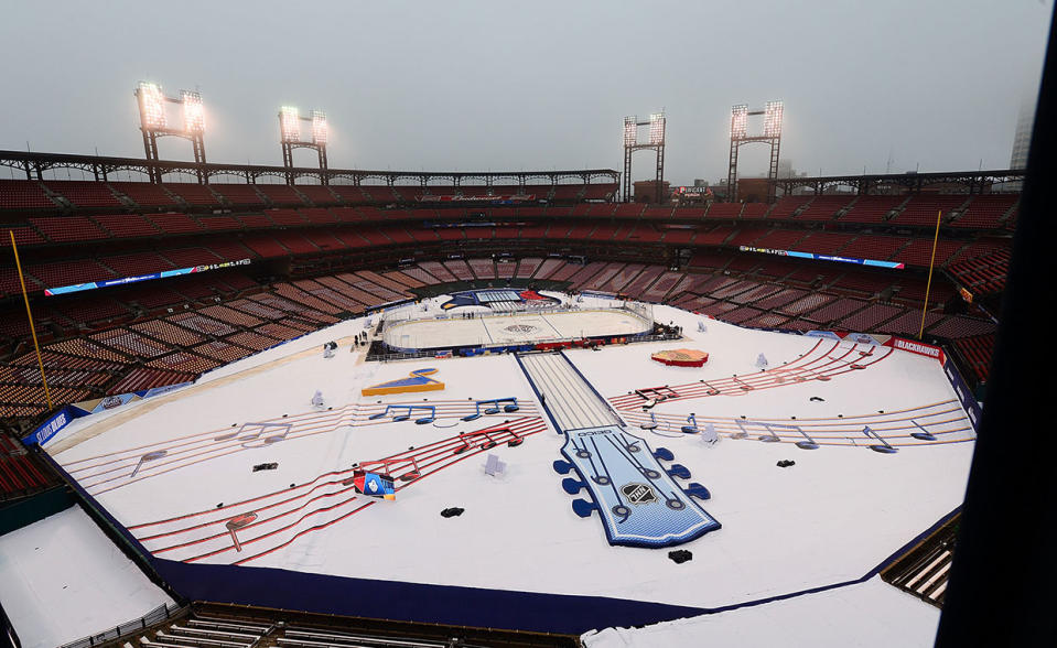 <p>ST. LOUIS, MO – JANUARY 2: A general view of the Stadium before fans arrive during the 2017 Bridgestone NHL Winter Classic Game at Busch Stadium on January 2, 2017 in St. Louis, Missouri (Photo by Jeff Curry/NHLI via Getty Images) </p>