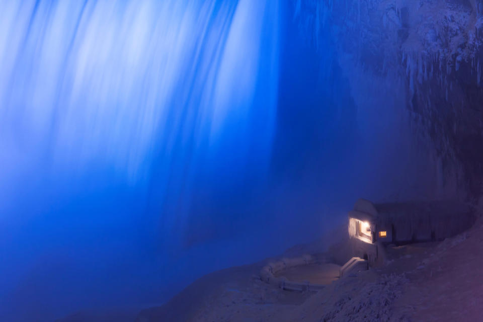 A building covered in ice sits at the base of the Horseshoe Falls in Niagara Falls, Ontario, Canada, Jan. 2, 2018.