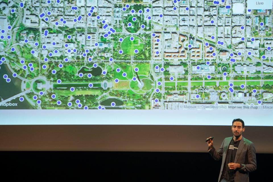 Mohamed Mezian, CEO of Augurisk, presenting at the Techstars Industries of the Future Demo Day at the University of Tennessee Student Union Auditorium in Knoxville, Tenn. on Thursday, May 26, 2022. 