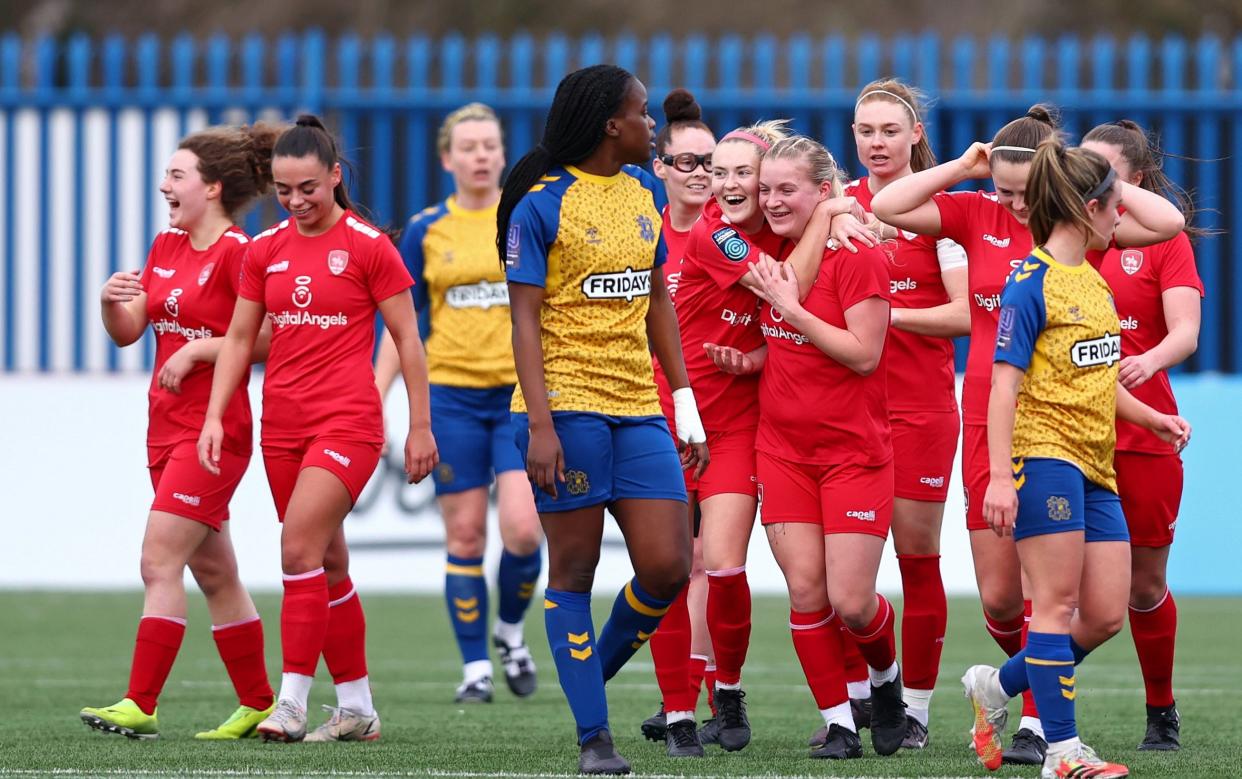 Alanah Mann of Coventry United celebrates after scoring the team's third goal with teammates during the Vitality Women's FA Cup Fourth Round match between Coventry United and Hashtag United at Butts Park Arena on January 29, 2023 in Coventry, England - Dan Istitene/Getty Images