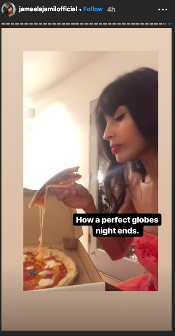 Jamil helped herself to pizza as a post-Globes treat. (Image: Jameela Jamil via Instagram)