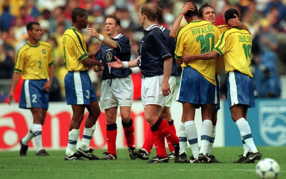 1998 World Cup Group A - Brazil v Scotland - Stade de France - 10/6/98 Pic : Stuart Franklin / Action Images Brazil & Scotland players embrace eachother at the end of the game -  Stuart Franklin / Action 