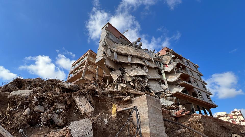 A view of buildings damaged in the flood due to Storm Daniel in Derna, Libya on September 14, 2023. (Hamza Al Ahmar/Anadolu Agency via Getty Images)