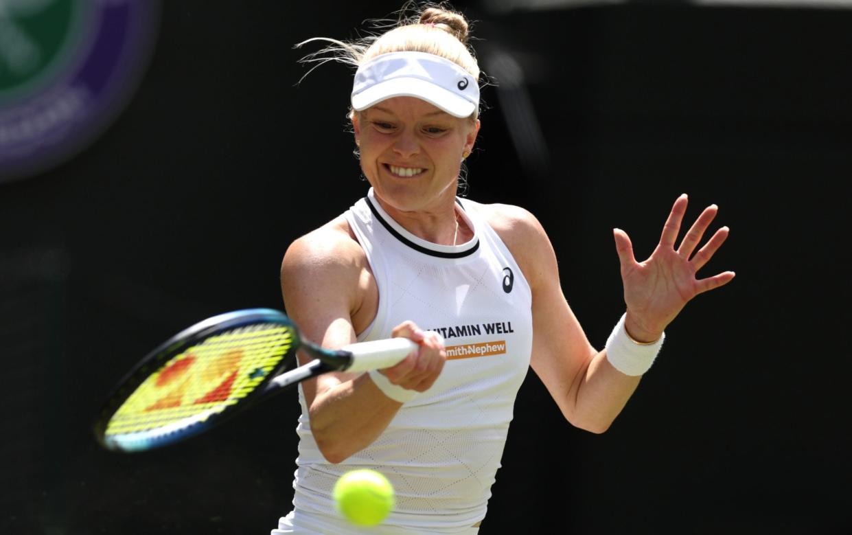 Harriet Dart of Great Britain plays a forehand against Katie Boulter of Great Britain in the Ladies' Singles second round match during day four of The Championships Wimbledon 2024 at All England Lawn Tennis and Croquet Club on July 04, 2024 in London, England