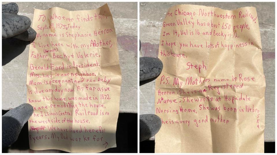 Sunnyland carpenter Dakota Mohn found this message in a bottle tucked behind a wall in a circa 1872 house in Green Valley he was renovating after a fire. It was written and placed there by Stephanie Herron Poit at age 14 when she lived there in 1975. Poit lives in New York now and was excited to learn her note had been discovered in May of 2023.