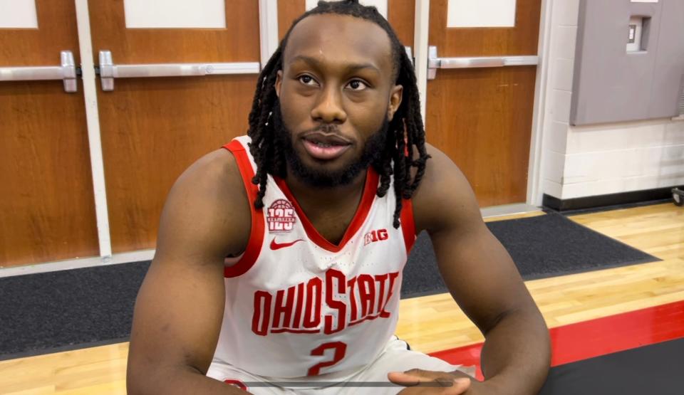 Ohio State guard Bruce Thornton speaks with reporters at media day inside the practice gym at Value City Arena on Sept. 25, 2023.