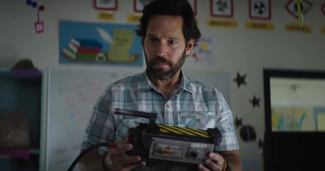 Gary Grobberson holding a ghost trap in his classroom in "Ghostbusters: Afterlife"