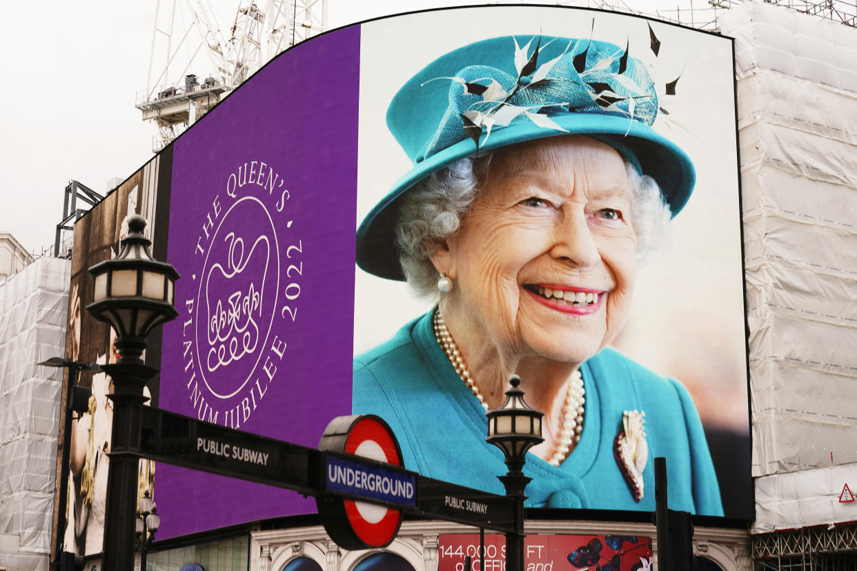 Images of Queen Elizabeth II are displayed on the lights in London's Piccadilly Circus to mark her Platinum Jubilee. Picture date: Sunday February 6, 2022.