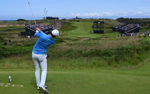 US golfer Kyle Stanley tees off from the 13th hole during the third round of the British Open golf Championships at Royal Portrush - Credit: Getty Images