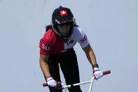 Nikita Ducarroz of Switzerland competes in the women's BMX freestyle final at the 2020 Summer Olympics, Sunday, Aug. 1, 2021, in Tokyo, Japan. (AP Photo/Ben Curtis)