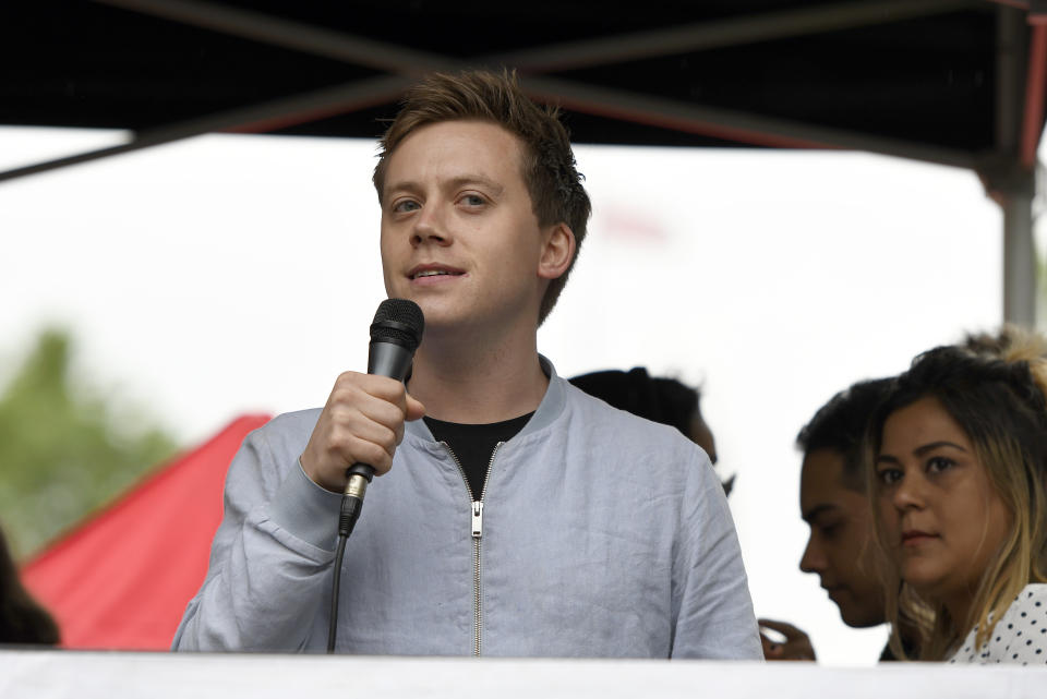  Guardian columnist Owen Jones speaks to the crowd during the Anti-Trump protest in London. Anti- Trump Protesters gather at the Trafalgar Square and marched to 10 Downing Street in London while Thousands of people protest against Donald Trump's state visit, and his views on climate crisis, abortion rights, LGBTQ rights, Islam, emigration. The rally included speakers such as Jeremy Corbin, Caroline Lucas, Laura Pidcock among others. (Photo by Andres Pantoja / SOPA Images/Sipa USA) 