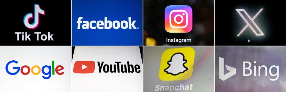 This combination of file photos shows the logos of the following online services and platforms: (Top, L-R) TikTok; Facebook; Instagram; X; (bottom L-R) Google; YouTube; Snapchat and Bing.