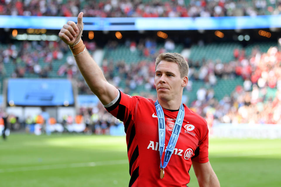 LONDON, ENGLAND - JUNE 01: Liam Williams of Saracens celebrates following the Gallagher Premiership Rugby Final between Exeter Chiefs and Saracens at Twickenham Stadium on June 01, 2019 in London, United Kingdom. (Photo by Dan Mullan/Getty Images)