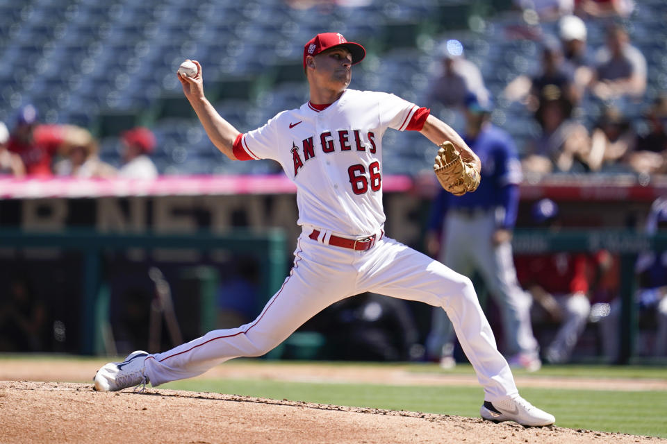 Los Angeles Angels starting pitcher Janson Junk (66) throws during the first inning of a baseball game against the Texas Rangers Sunday, Sept. 5, 2021, in Anaheim, Calif. (AP Photo/Ashley Landis)