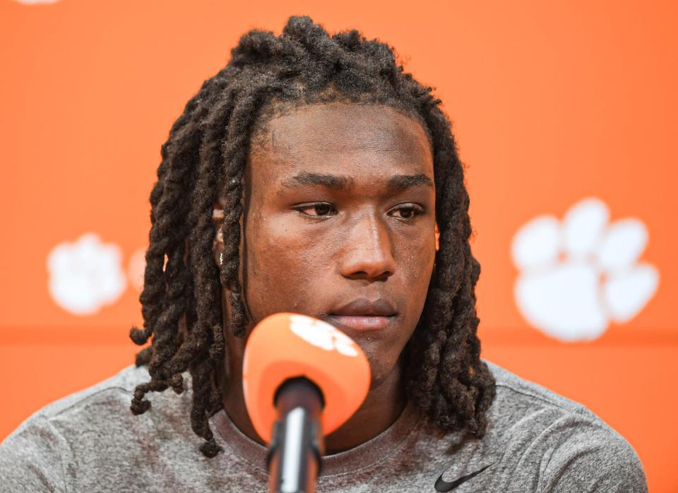 Clemson cornerback Toriano Pride Jr. talks with media during a midweek press conference at the Smart Family Media Center in Clemson Monday, October 9, 2023.