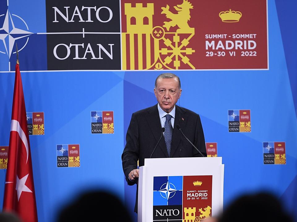 Recep Tayyip Erdogan, Turkish President holds his press conference at the NATO Summit on June 30, 2022 in Madrid, Spain. During the summit in Madrid, on June 30 NATO leaders will make the historic decision whether to increase the number of high-readiness troops above 300,000 to face the Russian threat.