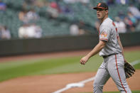 Baltimore Orioles starting pitcher John Means walks off the field after the sixth inning against the Seattle Mariners during a baseball game, Wednesday, May 5, 2021, in Seattle. (AP Photo/Ted S. Warren)