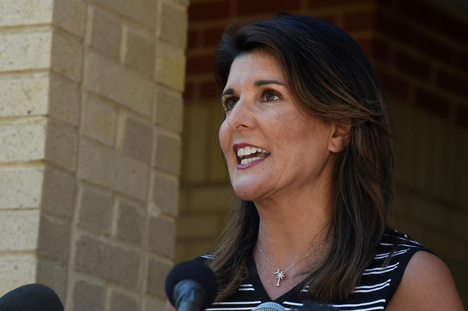 Former South Carolina Gov. Nikki Haley speaks with reporters after a tour of the campus of South Carolina State University on Monday, April 12, 2021, in Orangeburg, S.C. Haley, often mentioned as a possible 2024 GOP presidential contender, said Monday that she would not seek her party's nomination if former President Donald Trump opts to run a second time. (AP Photo/Meg Kinnard)