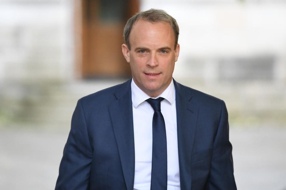 Foreign Secretary Dominic Raab in Downing Street, London, as the row over Prime Minister Boris Johnson's top aide Dominic Cummings' Durham trip continues.