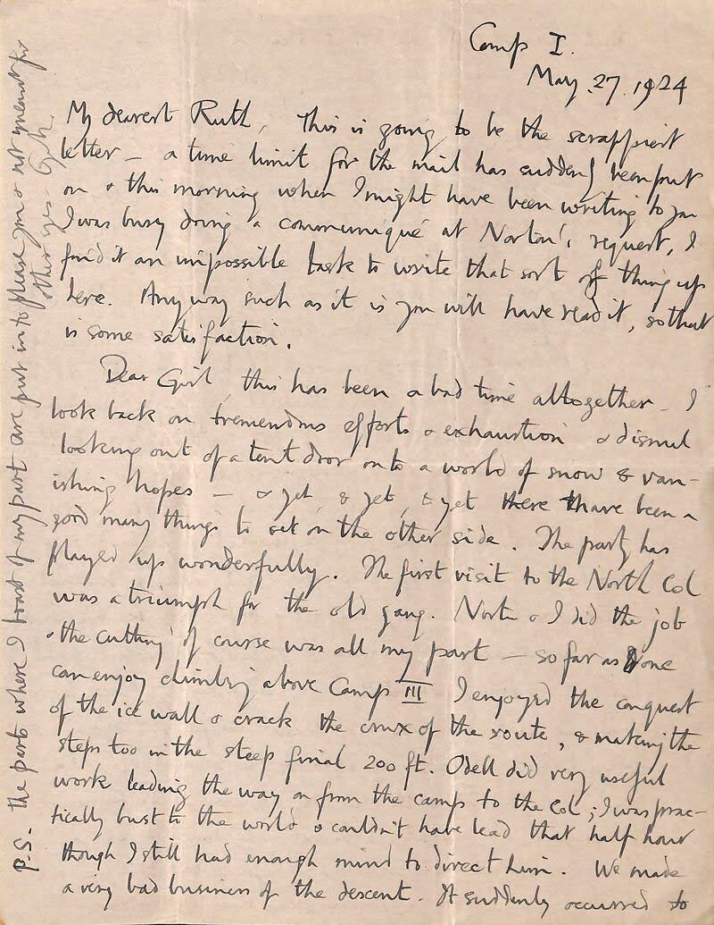 This is an undated photo provided by Magdalene College, Cambridge, on Monday, April 22, 2024, of part of the final letter that mountaineer George Mallory wrote to his wife before he vanished on Mount Everest a century ago. The letter has been digitalized. The letter was published on Monday by Mallory's Cambridge University college. In it, he tried to ease her worries, though he said his chances of reaching the world’s highest peak were “50 to 1 against us.” | Master and Fellows of Magdalene College, Cambridge via AP