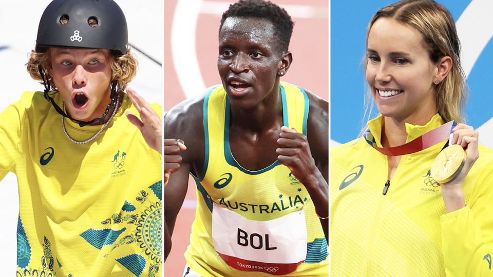 Keegan Palmer, Peter Bol and Emma McKeon, pictured here at the Tokyo Olympics.