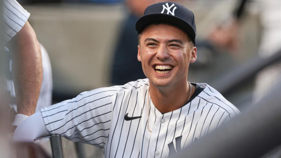 Apr 4, 2023; Bronx, New York, USA; New York Yankees shortstop Anthony Volpe (11) in the dugout before the game against the Philadelphia Phillies at Yankee Stadium.