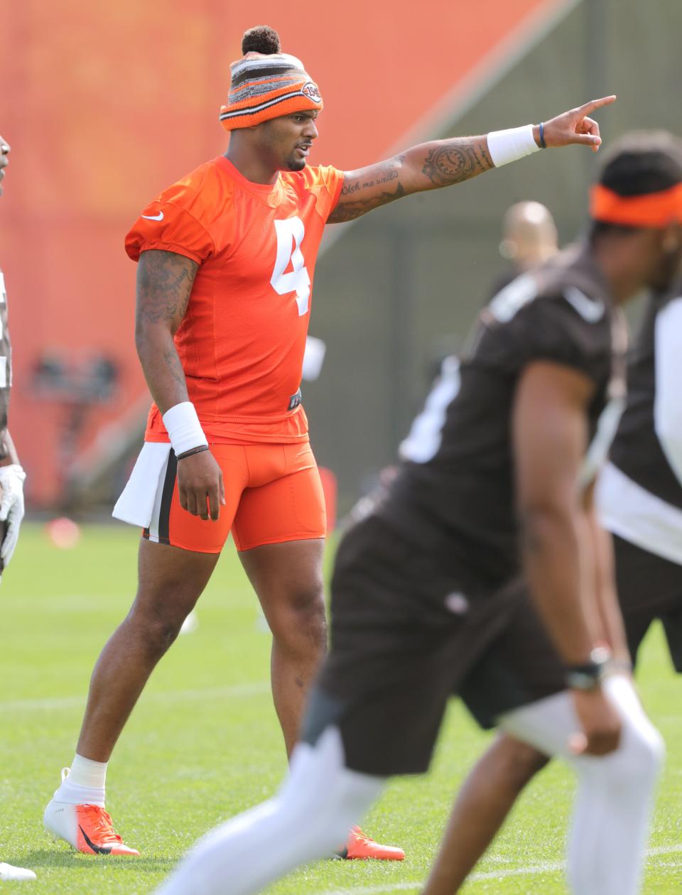 Cleveland Browns quarterback Deshaun Watson directs the offense during OTA practice on Wednesday, May 25, 2022 in Berea.