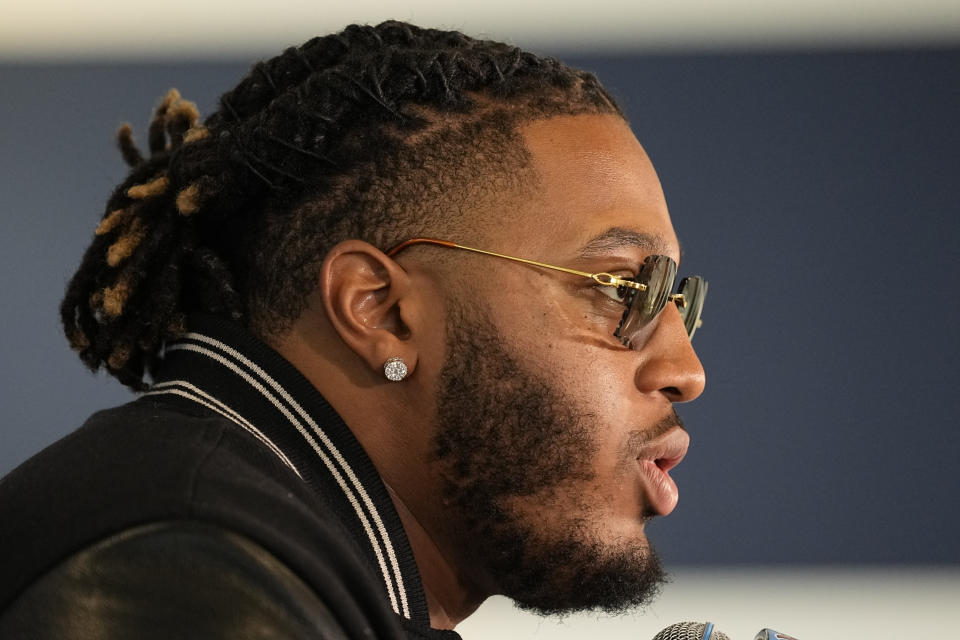 Tennessee Titans first-round draft pick JC Latham speaks during a news conference held by the NFL football team Friday, April 26, 2024, in Nashville, Tenn. (AP Photo/George Walker IV)