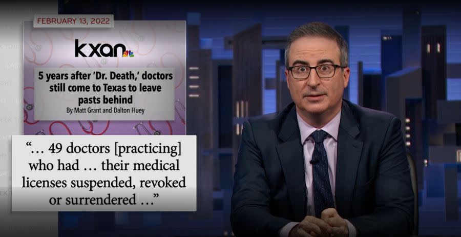 John Oliver discussing a KXAN “Still Practicing” investigation on Last Week Tonight. (Source: Max)