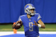 Detroit Lions quarterback Matthew Stafford throws during the first half of an NFL football game against the Indianapolis Colts, Sunday, Nov. 1, 2020, in Detroit. (AP Photo/Tony Ding)