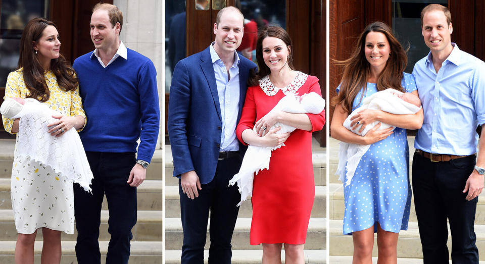 The Duchess of Cambridge and Prince William with their three children, outside the Lindo Wing [Photo: PA]