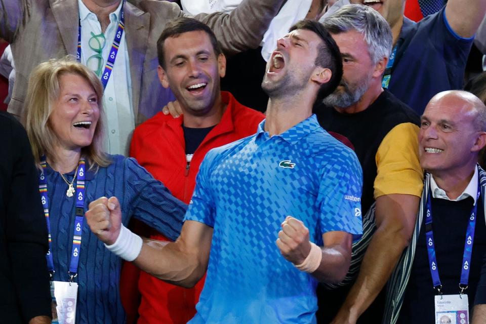 Novak Djokovic celebrated with his support camp (Asanka Brendon Ratnayake/AP) (AP)