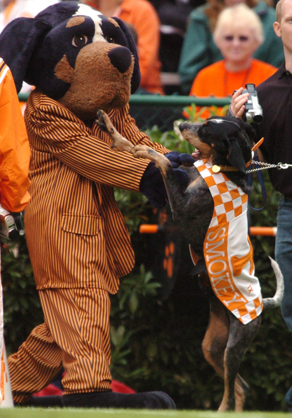 Smokey the real dog dances with Smokey the mascot dog.