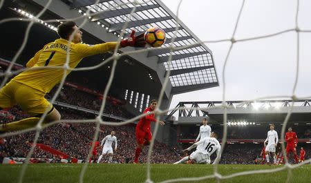 Britain Soccer Football - Liverpool v Swansea City - Premier League - Anfield - 21/1/17 Liverpool's Roberto Firmino scores their first goal Reuters / Phil Noble Livepic
