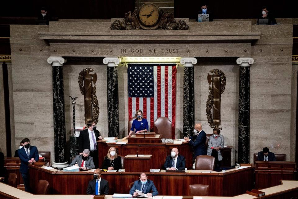 PHOTO: House Speaker Nancy Pelosi speaks as the House comes back into session to continue the process of certifying the 2020 Electoral College results after Pro-Trump demonstrators stormed the Capitol in Washington, DC on Jan. 6, 2021. (Erin Schaff/POOL/AFP via Getty Images, FILE)