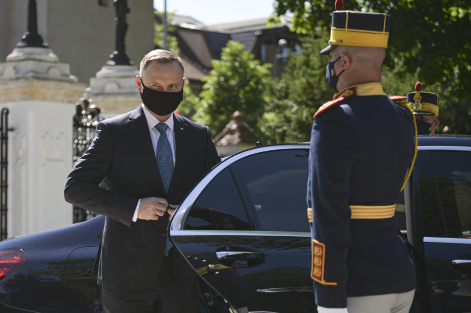 Polish President Andrzej Duda arrives at the Cotroceni presidential palace in Bucharest, Romania, Monday, May 10, 2021. (AP Photo/Alexandru Dobre)