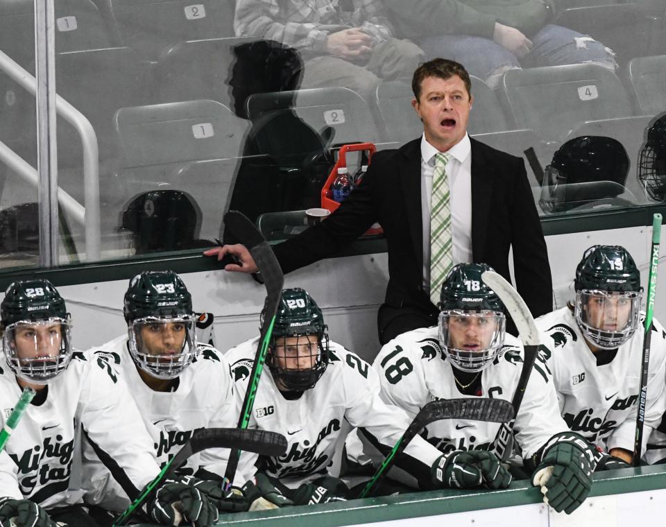 MSU Hockey Coach Adam Nightingale coaches his Spartans against UMass-Lowell  Thursday, Oct. 13, 2022, at Munn Ice Arena in East Lansing.
