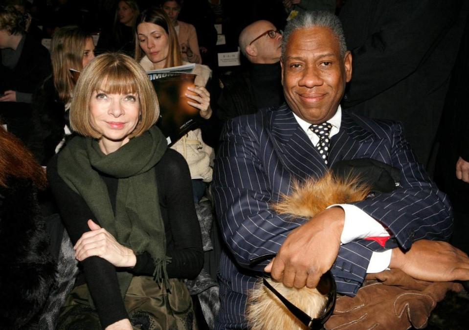 Vogue editor-in-chief Anna Wintour and then-Vogue editor at large Andre Leon Talley, right, attend the presentation of the Oscar de la Renta fall 2007 collection, on Feb. 5, 2007, during Fashion Week in New York. Talley, the towering former creative director and editor at large of Vogue magazine, has died. He was 73.