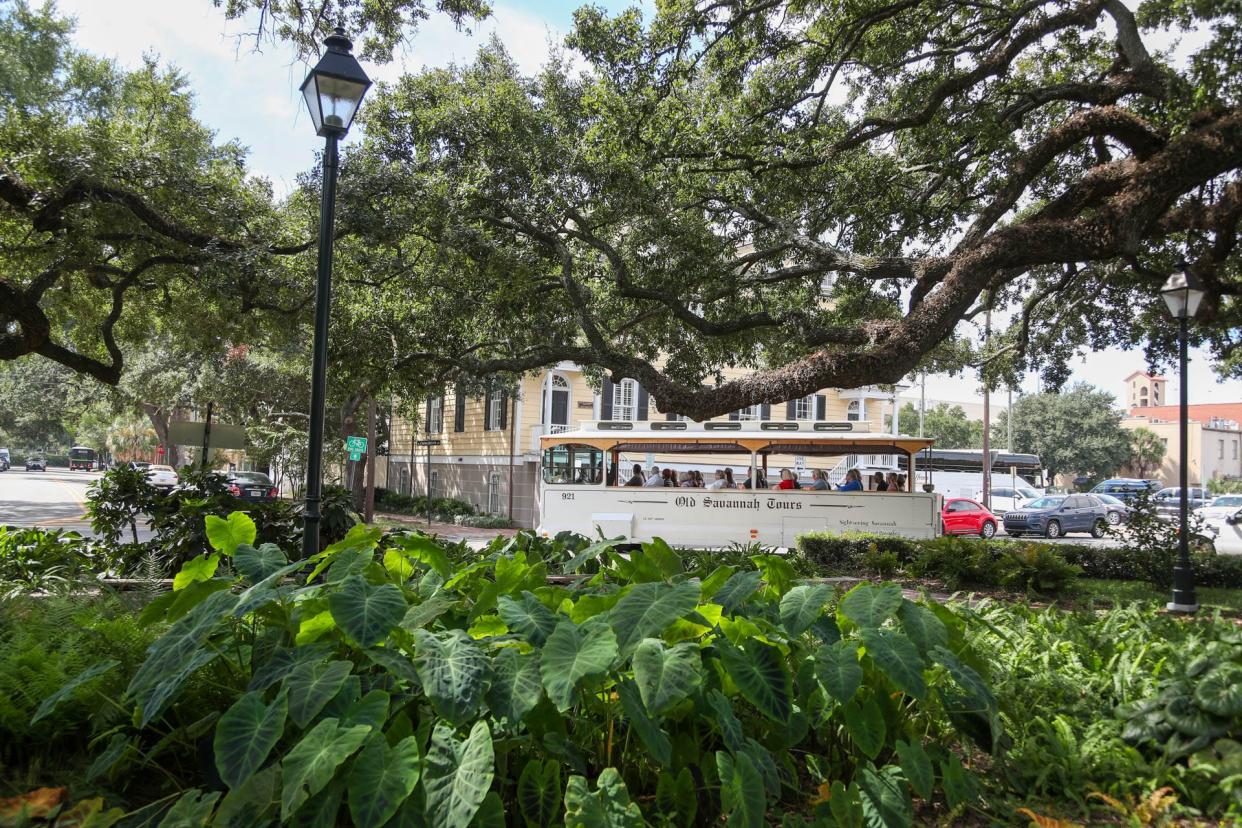 An Old Savannah Tours trolley rides around Warren Square.