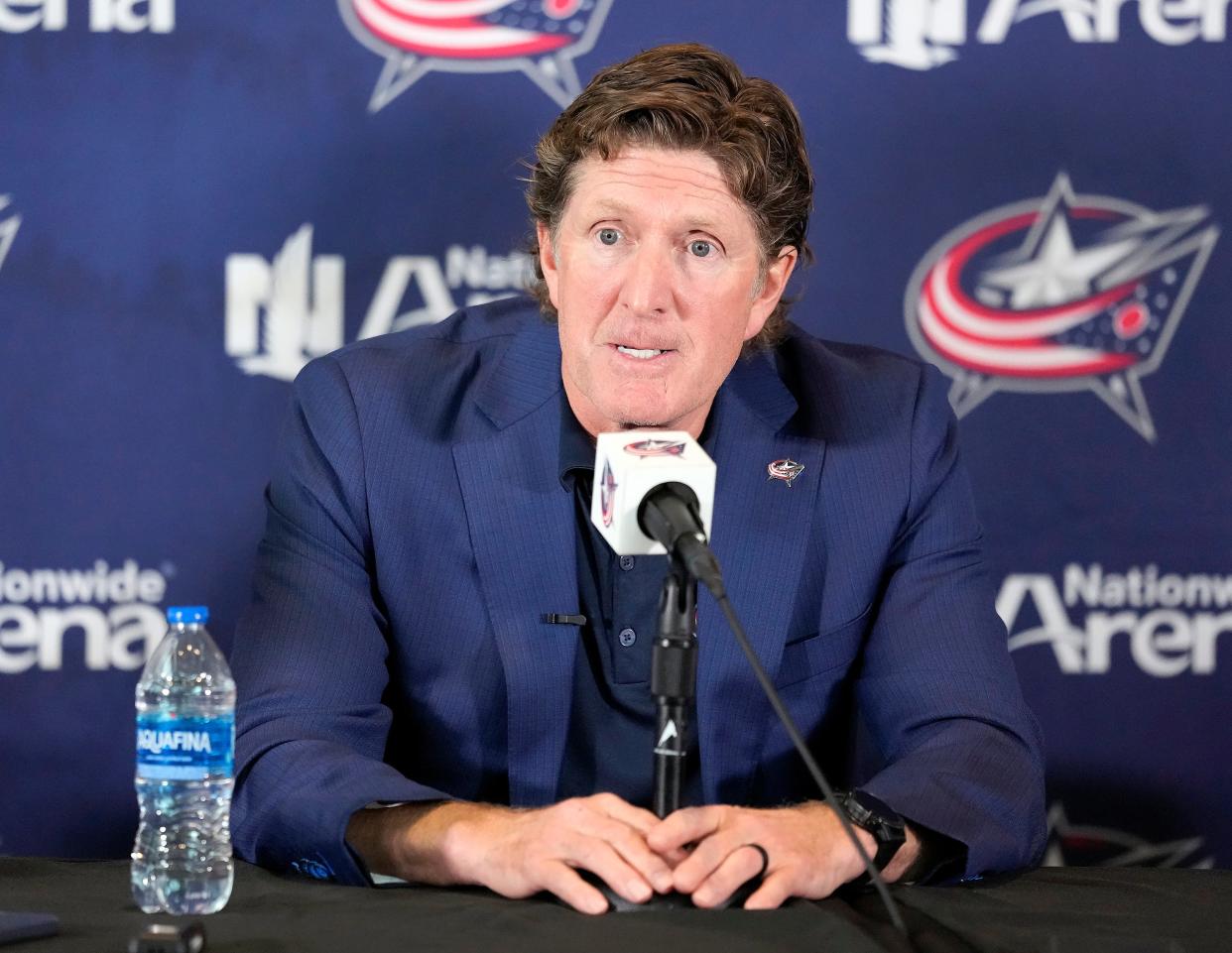 Jul 1, 2023; Columbus, Ohio, United States; Columbus Blue Jackets name Mike Babcock as their new head coach during a press conference at Nationwide Arena. Mandatory Credit: Kyle Robertson-The Columbus Dispatch