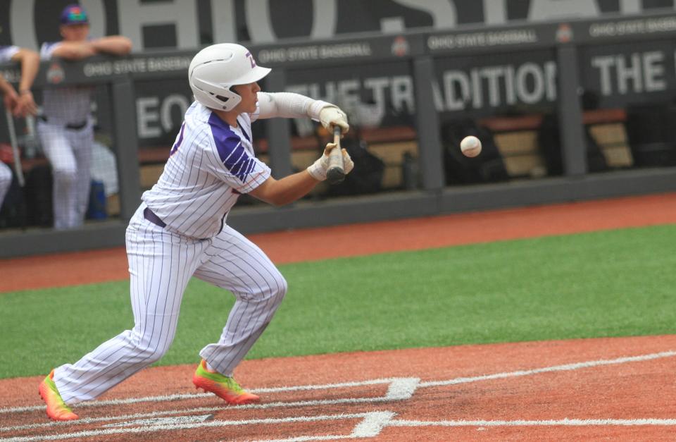 Heath's Connor Corbett bunts for Launch Baseball 2025 Westbrook during a 4-2 victory against the Music City Saints 16U to win the Buckeye Elite championship at Bill Davis Stadium on Sunday, July 9, 2023.