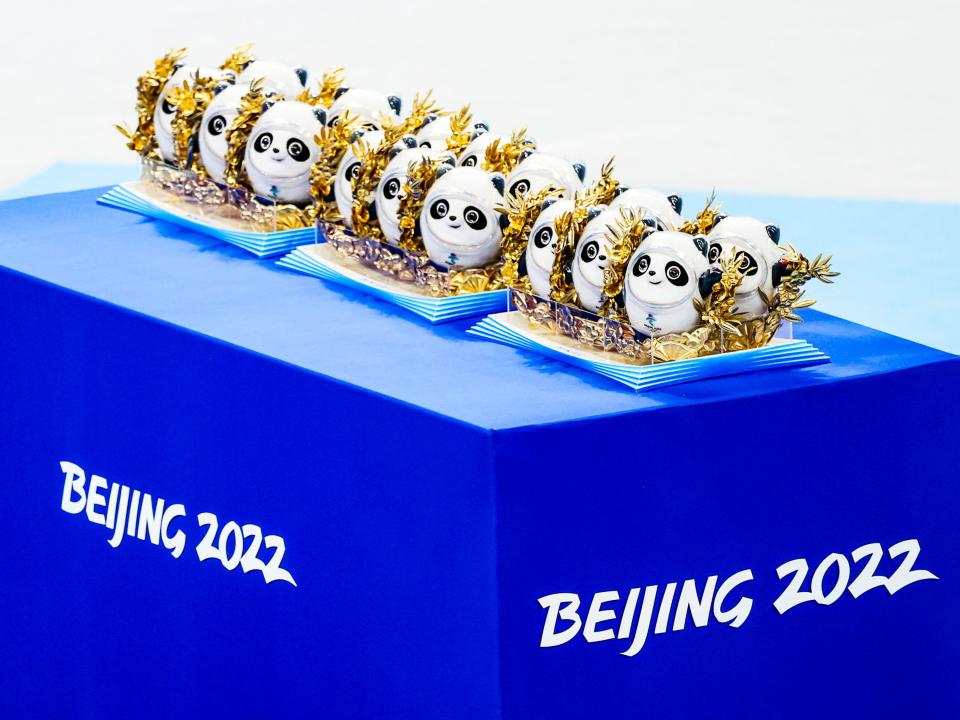 Souvenirs with Bing Dwen Dwen, the mascot of the 2022 Winter Olympics, are seen prior to the flower ceremony for the Mixed Team Relay Final A on day one of the Beijing 2022 Winter Olympic Games at Capital Indoor Stadium on February 5, 2022 in Beijing, China.