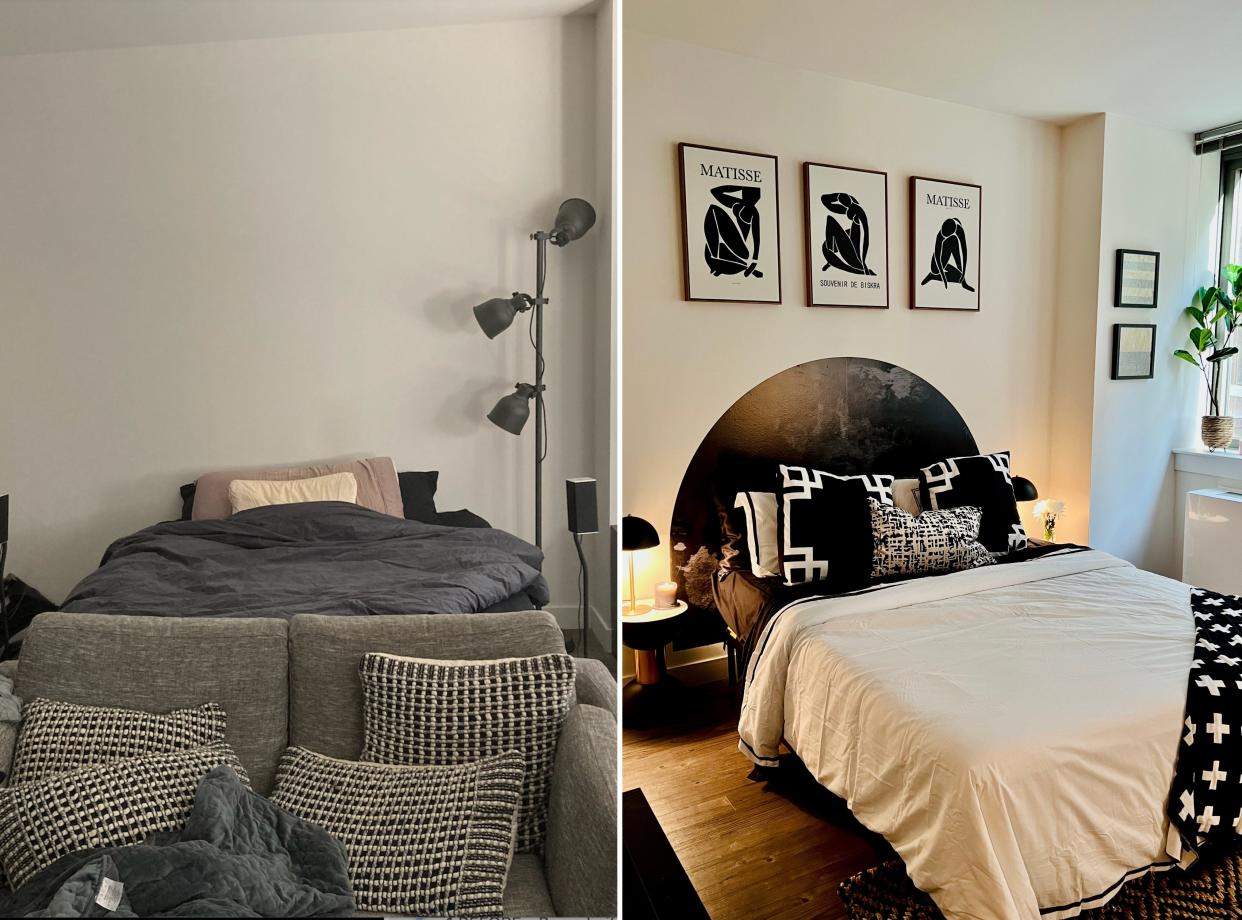 Before and after a studio apartment transformation by Clare Sullivan.